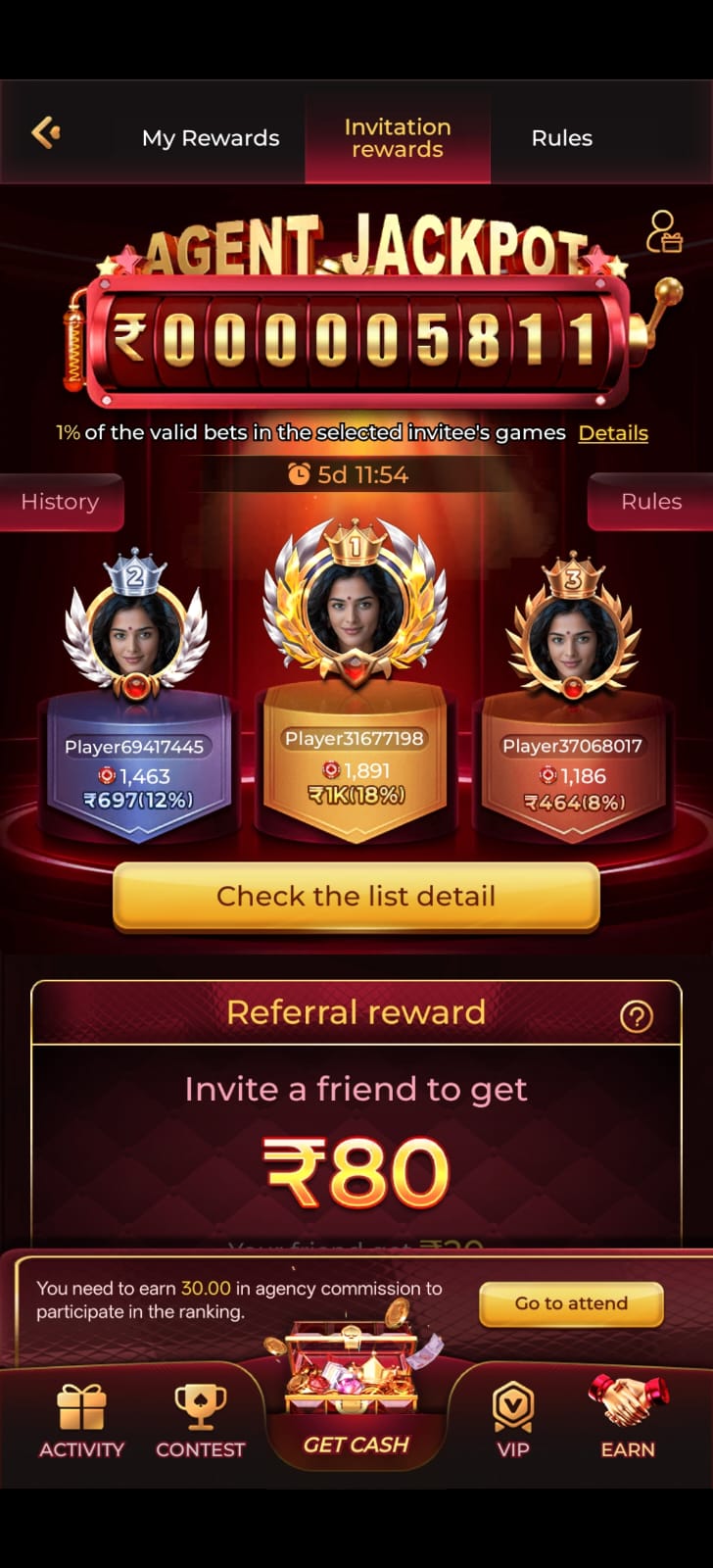 Agent jackpot and referral rewards gaming screen