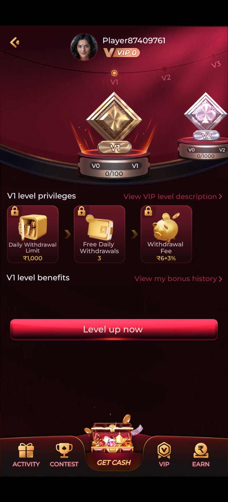 VIP level privileges and rewards gaming app screen